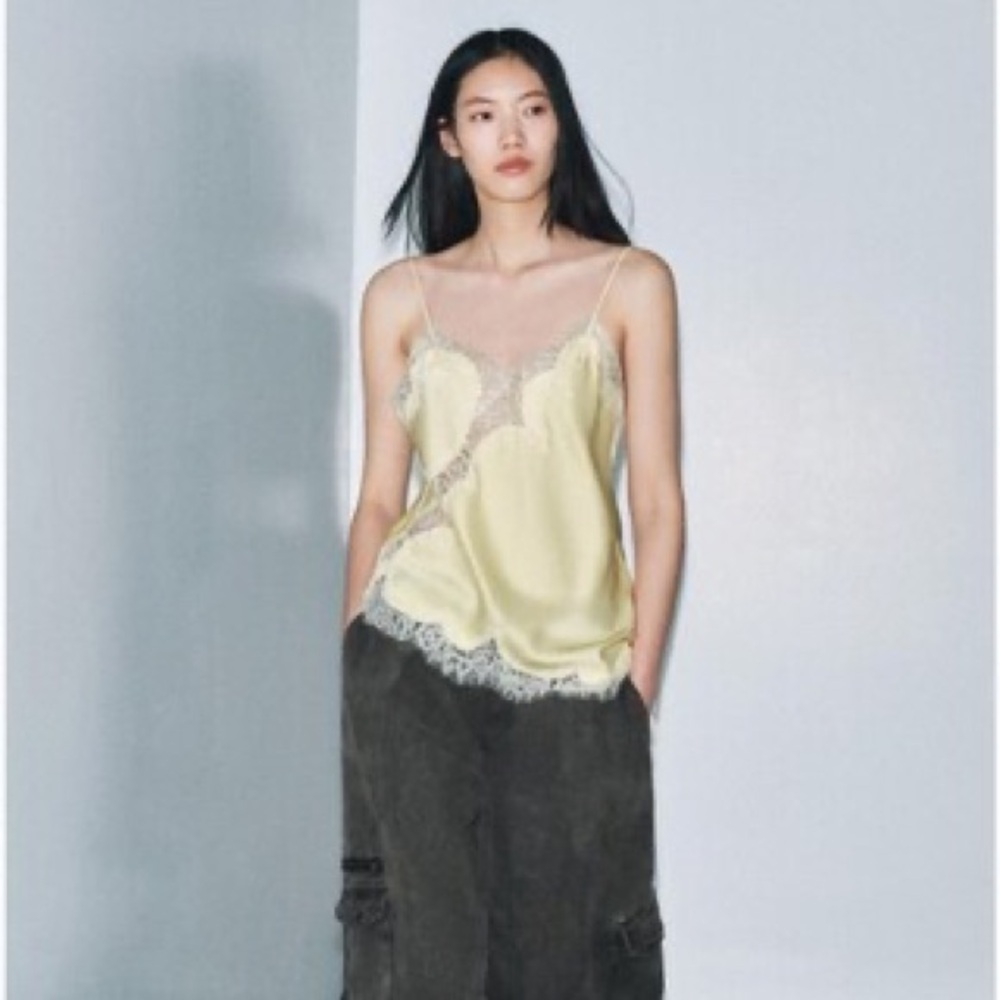Zara Yellow Lace-Trim Satin Cami